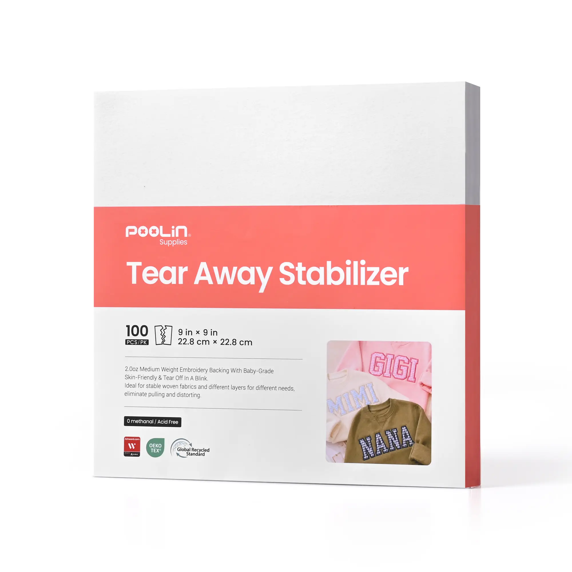 PooLin Richword Tear Away Embroidery Stabilizer Backing Sheets 2.0oz 100pcs for Machine Embroidery