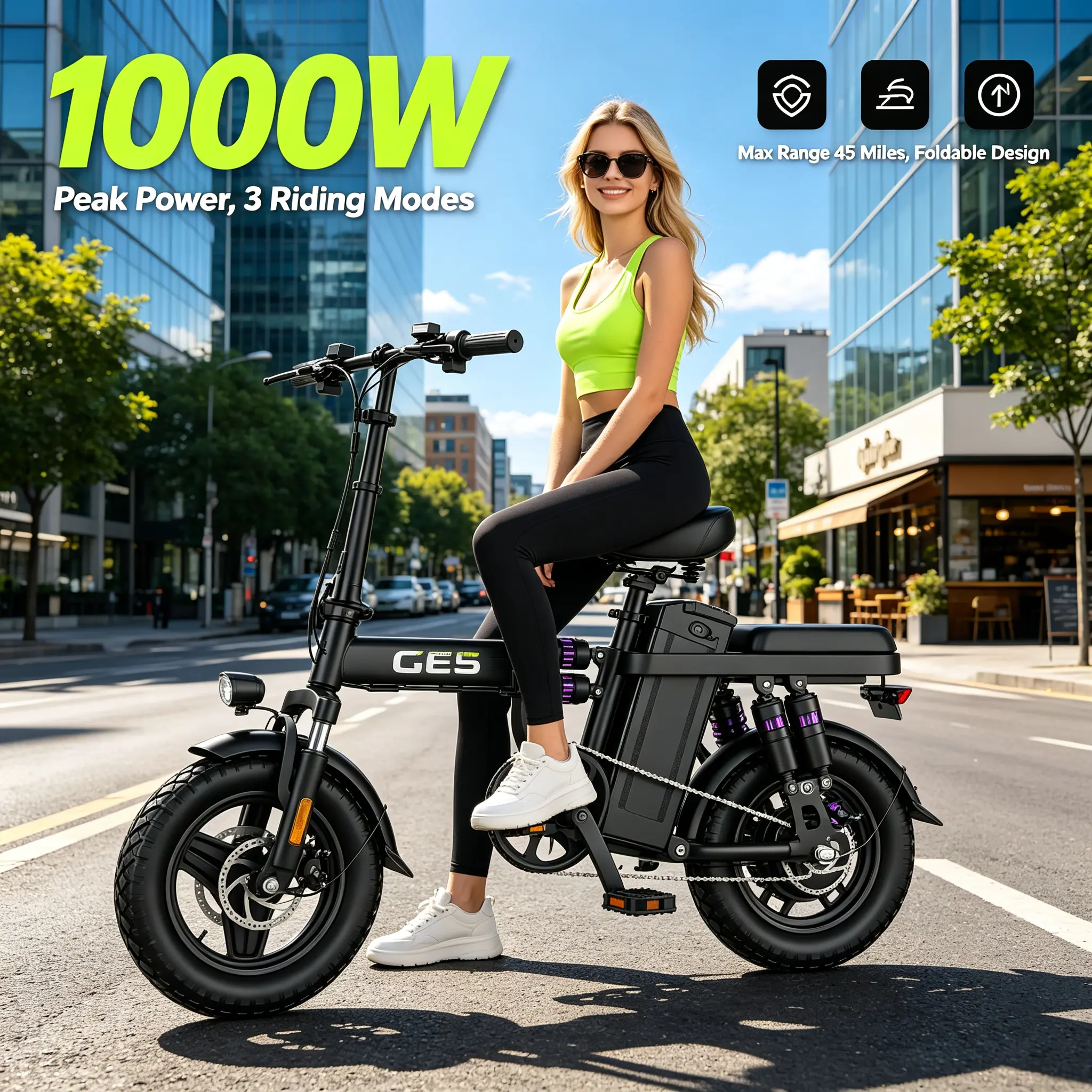 GE5 Folding Electric Bike for Adults - 14-Inch Commuter E-Bike with 500W Peak Motor, 48V 15Ah Removable Battery, Full Suspension, 3 Riding Modes