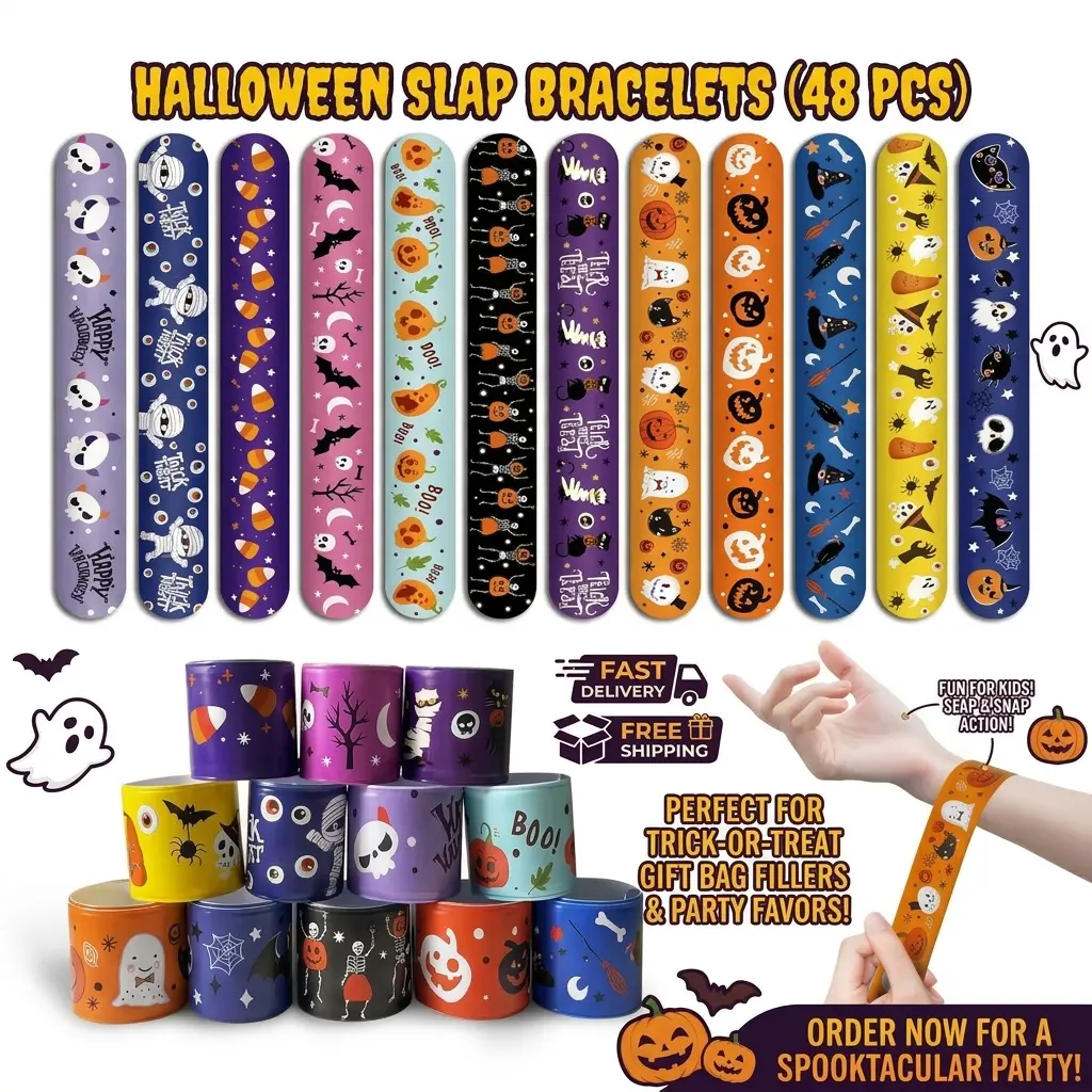 48PCS Halloween Slap Bracelets Snap Wristbands Assorted Party Favors Goodie Bag Fillers for Kids