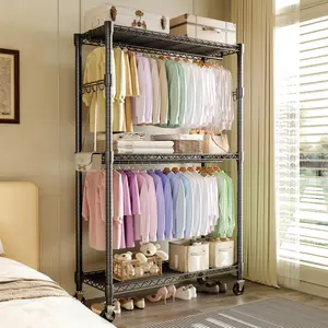Heavy Duty Rolling Garment Rack – 3-Tier Adjustable Shelves, Hanging Rods, Side Hooks, Metal Freestanding Wardrobe Organizer for Closet Storage, Portable, 695LBS Load