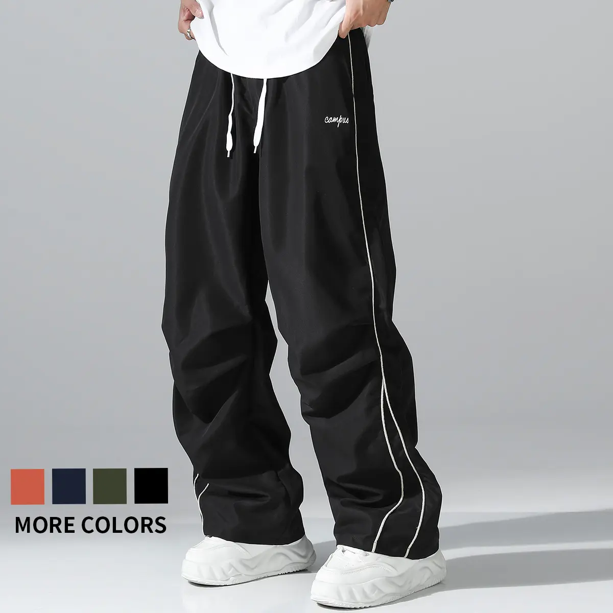Men's Baggy Polyester Joggers, Lightweight Quick-Dry Solid Sweats with Side Stripes for Athleisure and Gym Workouts
