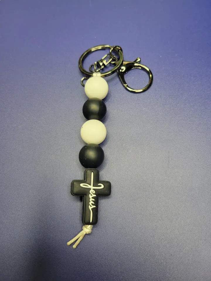 Black & White Jesus Cross Silicone Keychain