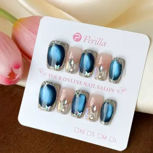 Perilla C34-C53 Elegant Handmade Press on False Nails Cat Eye Flowers Design French Tips Stick on Nails