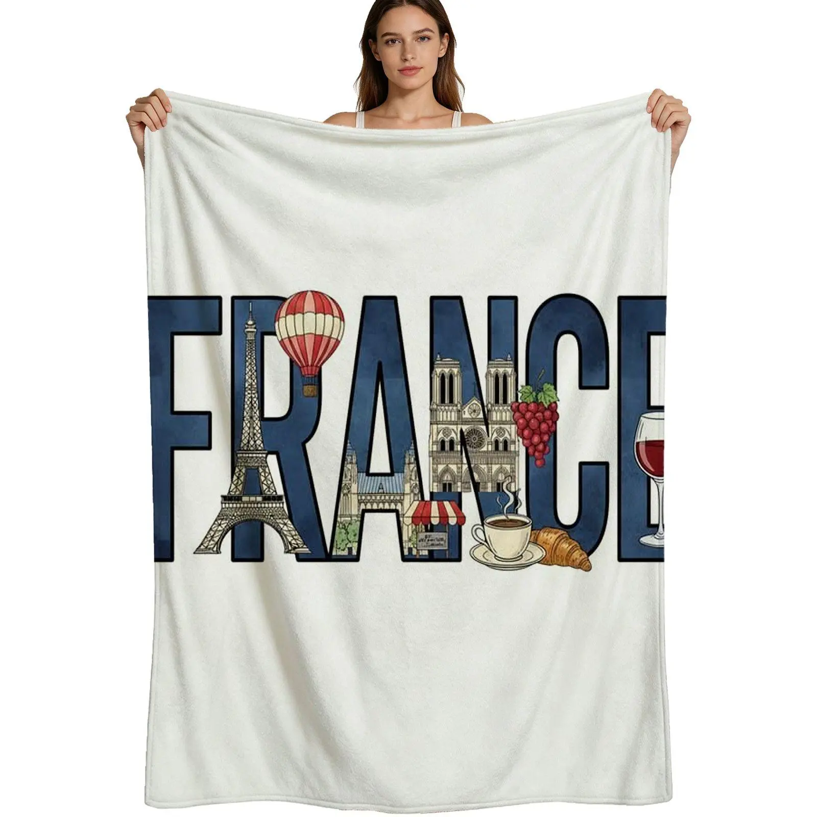 French Style, Warm Flannel Blanket, Eiffel Tower And Wine Pattern, Soft Fabric Detail, For Travel Or Home Use, 4 Sizes Available, Single Pack