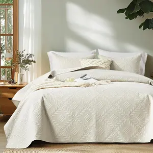 Full Queen Bedding Set,Lightweight Beige White Bedspreads,Vintage Olive Leaf,Soft Microfiber Bed Coverlet 3 Pieces for All-Season (1,2 Shams)