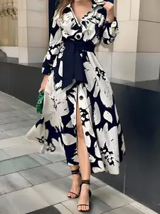 Contrast Ink Wash Dress, Waist Cinch Tie Shirt Collar Long Sleeve Long Dress, Elegant Office Wear Dress, Stylish Commuter Dress