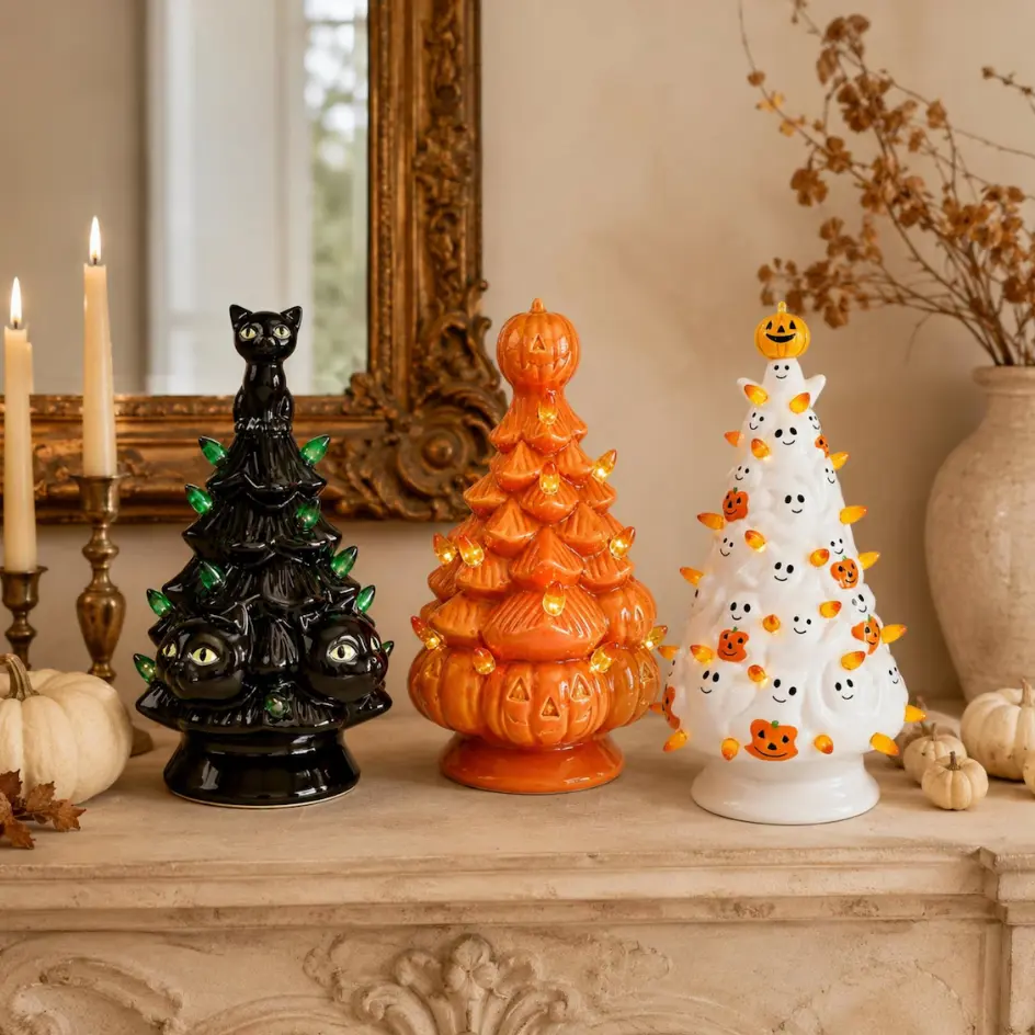 Halloween Ceramic Lighted Tabletop Tree Set, Vintage Style Pre-Lit Decoration for Home, Desktop, Shelf Decor, Spooky Black Cat, Pumpkin, and Ghost Designs, Operated LED Glow Ornaments,Black Cat, Ghost or Pumpkin Tabletop Decor, Vintage Spooky Fall Accent