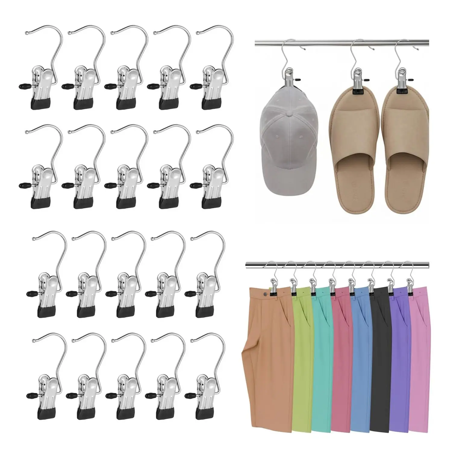 20-Pack Retail Stainless Steel Clothes Pin Hangers, Upgraded Heavy Duty Non-Slip Rotatable Closet Organizer Hooks with Firm 1.57" Grip Clamps, Rust-Proof Folding Spacesaver for Pants, Towels - Portable Travel Holder, Compact