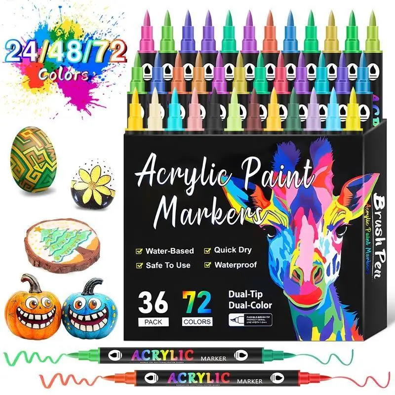 Neon Acrylic Paint Brush Marker Pen, 1 Set 12/24/36pcs Double Tip Double Color Acrylic Paint Marker Pen, Art Drawing for Rock Painting, Wood, Canvas,