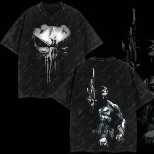 Super-style Frank "The Skull Vigilante Punisher" Castle War Machine MCU Comic Edition Double Printed Oversize Lightweight Acid Washed Tee TV Series Graphic Design Top Cotton Streetwear Comic Superheroes T-Shirt Clothes Menswear Womenswear JI3