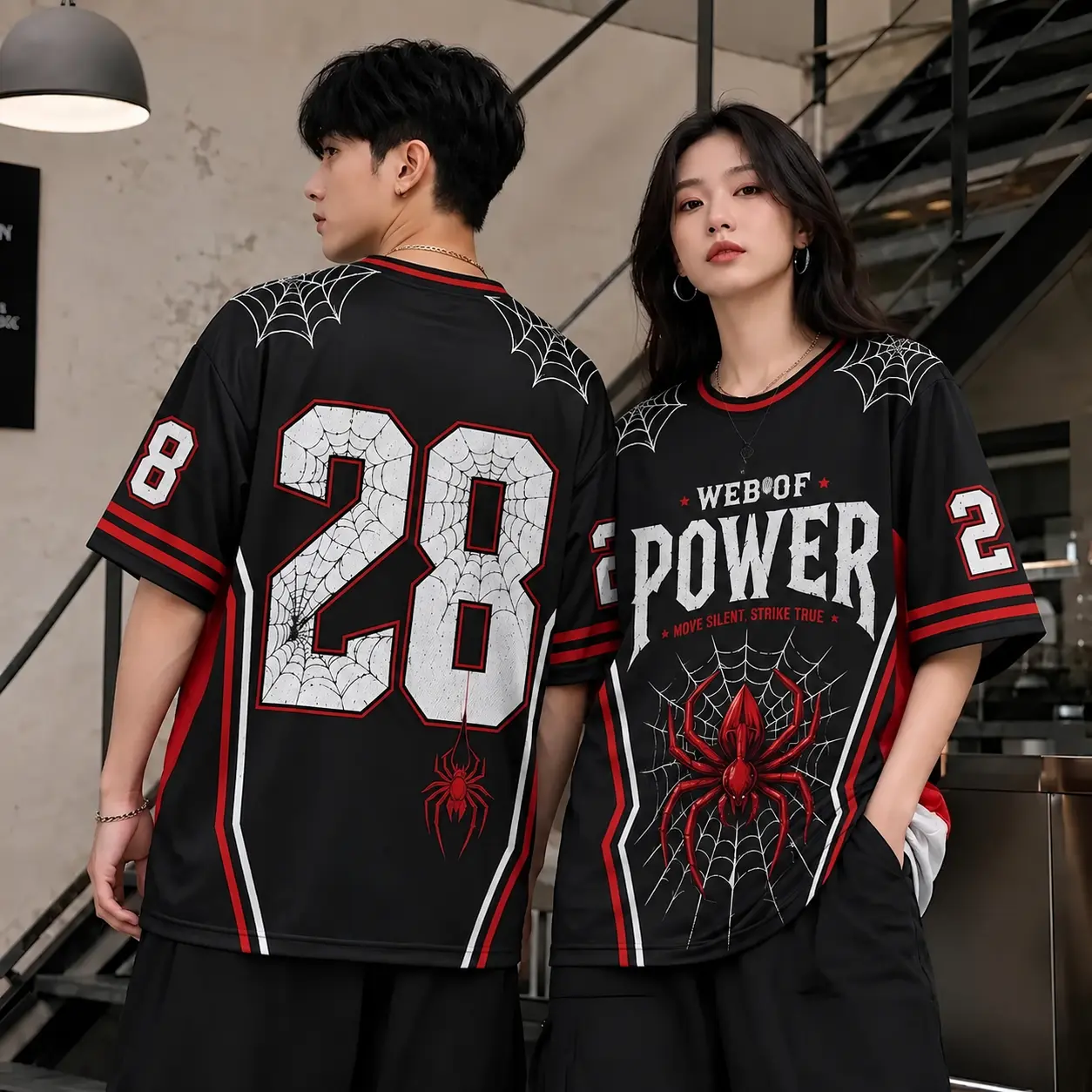 Web of Power Spider Graphic Jersey – Number 28 Black & Red Gothic Baseball Style Shirt, Halloween Streetwear Tee