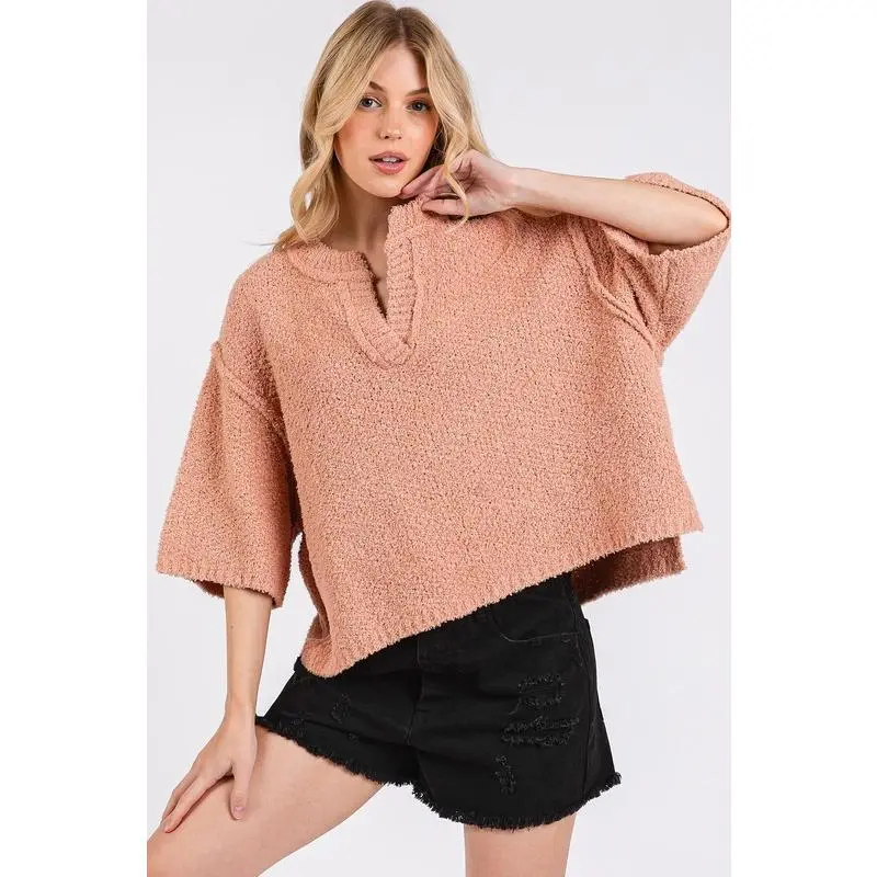 Mittoshop Side Slit Notched Drop Shoulder Sweater Basic Nylon