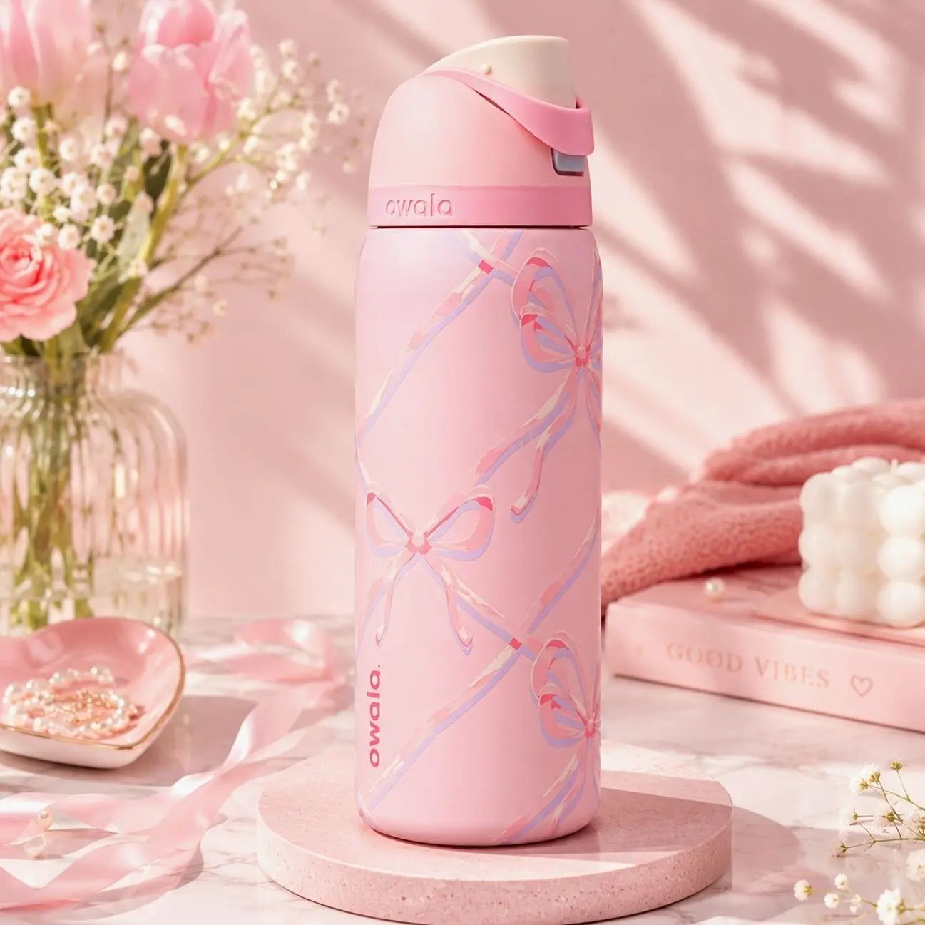 Owala Bow Water Bottle 24 Oz FreeSip Insulated Tumbler – Pink Ribbon Aesthetic Stainless Steel Leakproof Bottle – Cute Coquette Drinkware for School, Travel & Gym