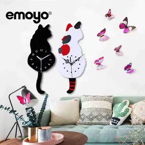 Modern simple and stylish living room creative swing wall clock, quartz silent cat wall clock