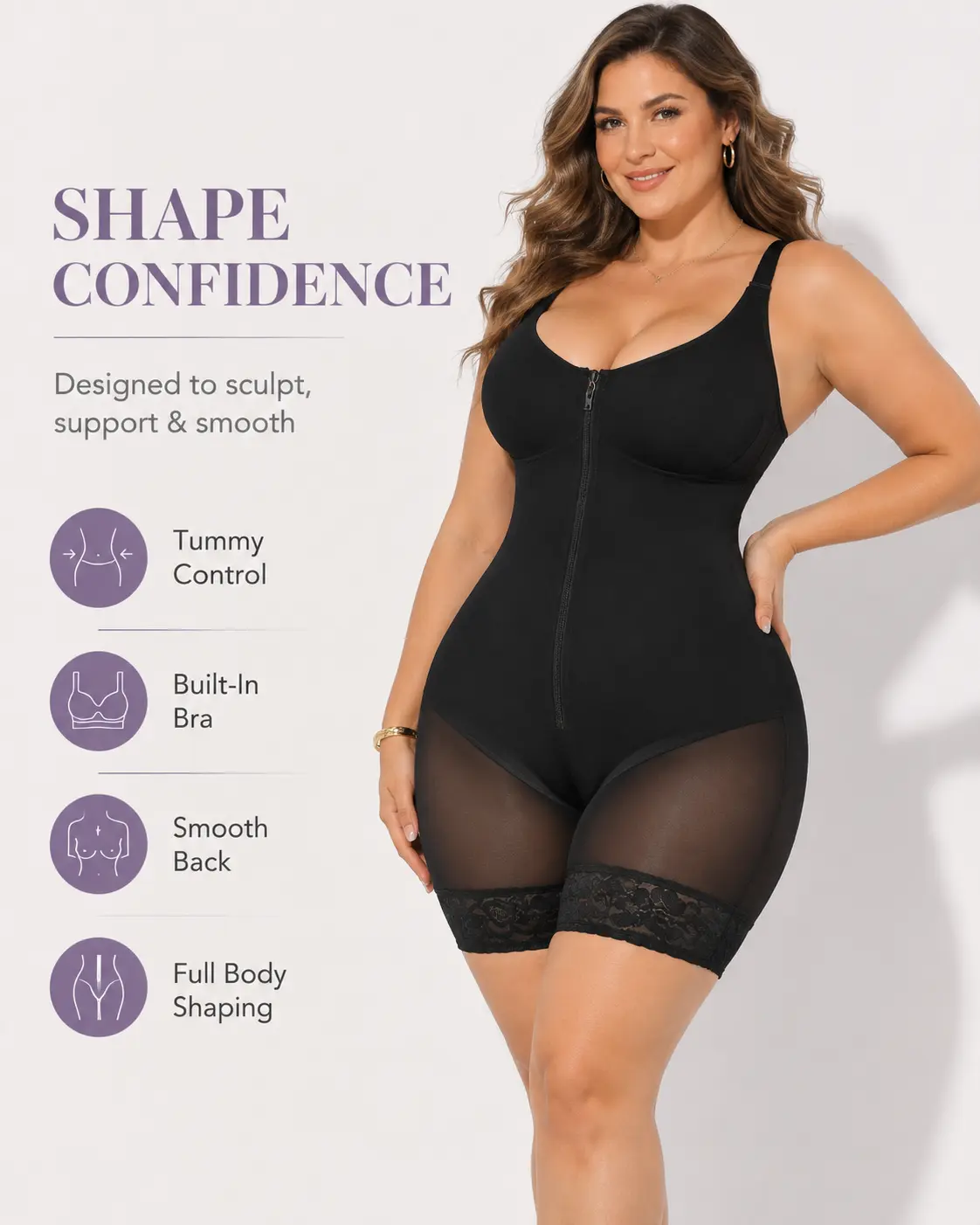 Girlsnufit Women’s Black Shapewear Bodysuit with Built-In Bra, Tummy Control, Adjustable Straps, Mid-Thigh Length