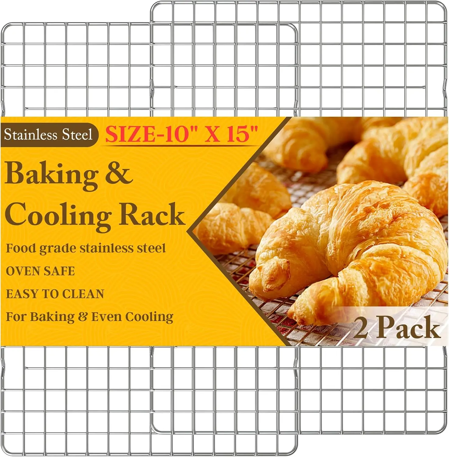 2PCS Heavy Duty Stainless Steel Cooling Racks - 10"x15" Oven & Dishwasher Safe Wire Racks for Baking, Grilling - Fits Jelly Roll Sheet Pan, Silver Bakeware Metal