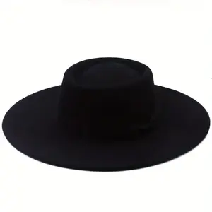 New Autumn Winter Unisex Cashmere Wool Felt Jazz Dress Hat - Wide-Brimmed Concave Top Black Elegant Formal Hat for Men & Women, Durable & Comfortable for Weddings, Galas & Special Occasions