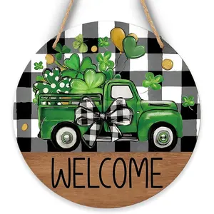 Wooden St. Patrick's Day Clover Sign, Truck Theme Holiday Decor, Rustic Welcome Door Hanger for Lucky Home Decoration