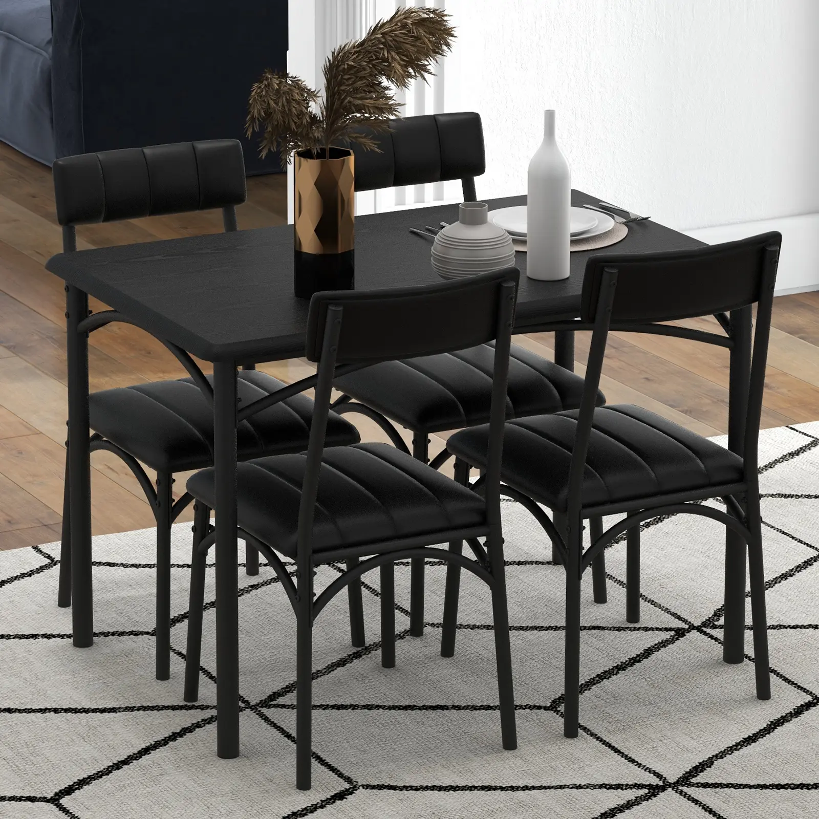 Space-Saving 5 Piece Dining Table Set for 4 – Rectangular Metal & Wood Table with Upholstered Chairs – Compact Apartment Kitchen Furniture – Modern Rustic Style