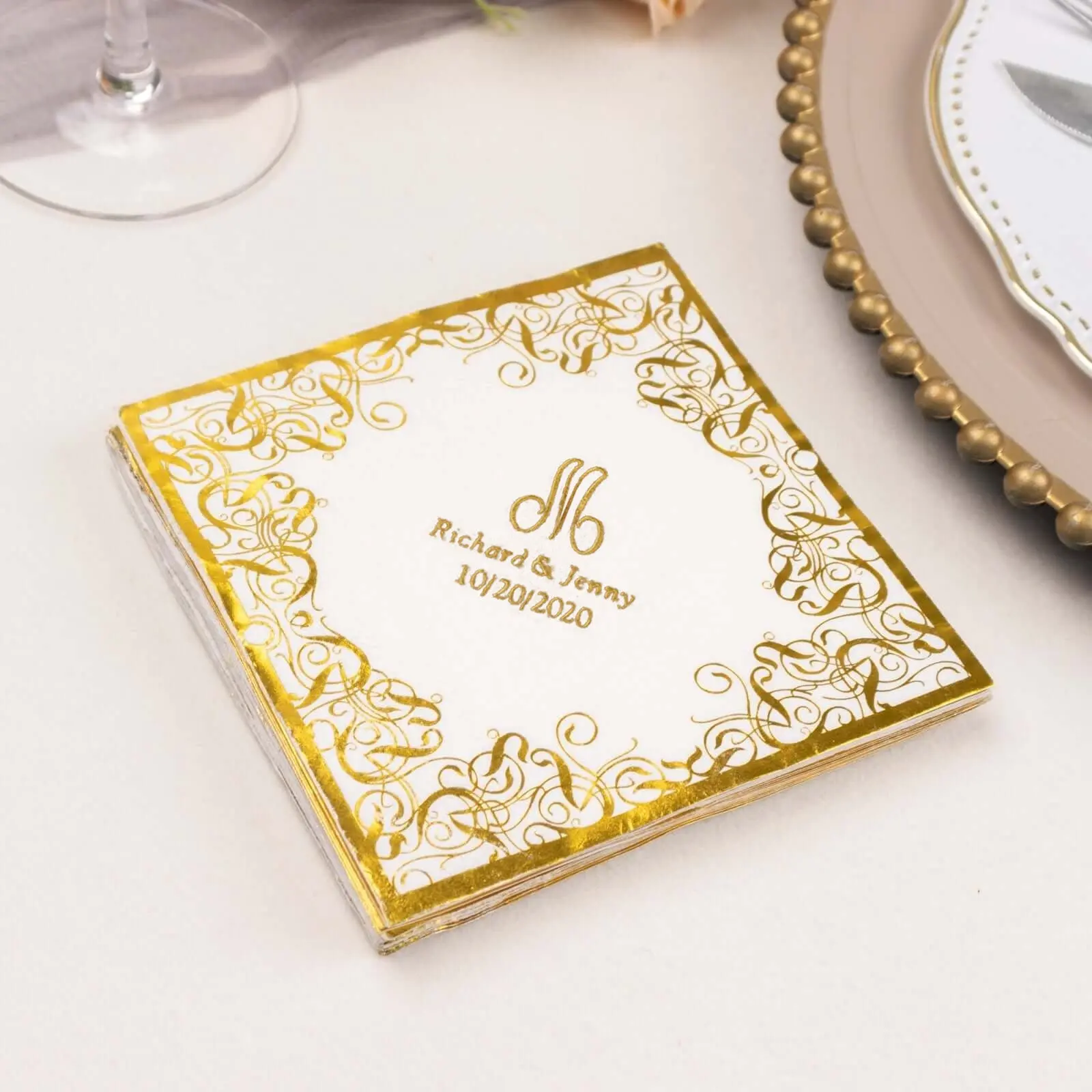 Disposable Paper Napkins (100-Pack) - 3-Ply High-Quality Party Supplies, White with Foil Lace Design, Personalized Monogram Custom Initial Napkins for Weddings