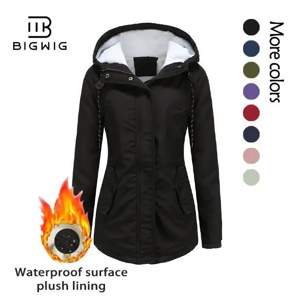 BIGWIG Women's Winter Warm Coat, Thickened Waterproof Fleece Lined Parka, Oversized Windbreaker, Hooded Quilted Coat, Double-Layered Coat, Waterproof Jacket