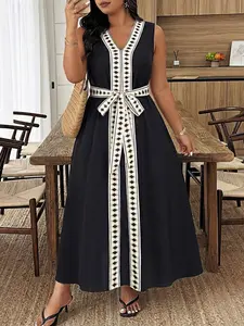 Plus Size Women's A-Line V-Neck Sleeveless Belted Dress, Geometric Print, Casual Fashion, Long Loose Fit, Perfect for Commuting