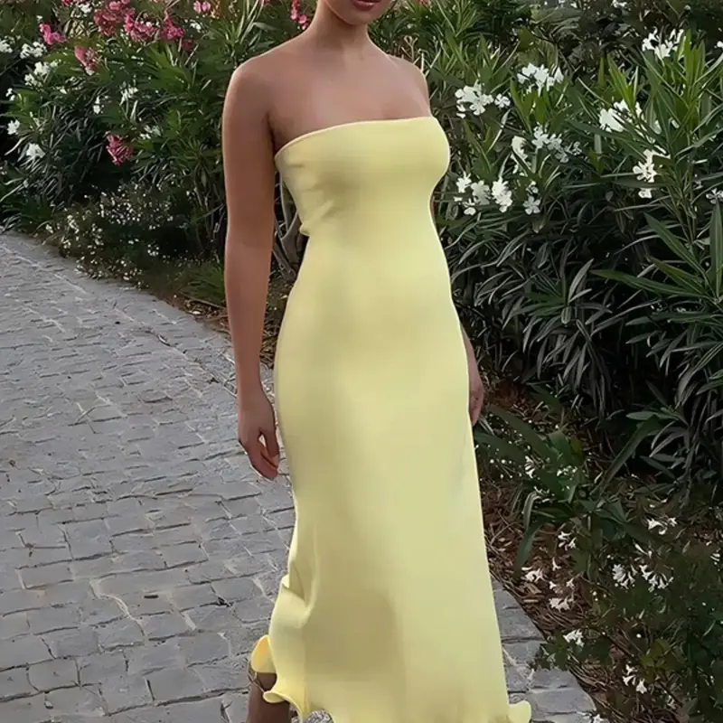 Women's Holiday Solid Ruffles Sleeveless Strapless Bodycon Gown Tube Dress Sexy Off The Shoulder Backless Party Club Night Out Beach Vacation Long Dresses For Women Summer Travelling Clothing