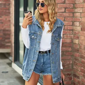 Women Black and Blue Sleeveless Denim Vest Fashion Loose Long Jeans Coat Street Casual Female Clothing