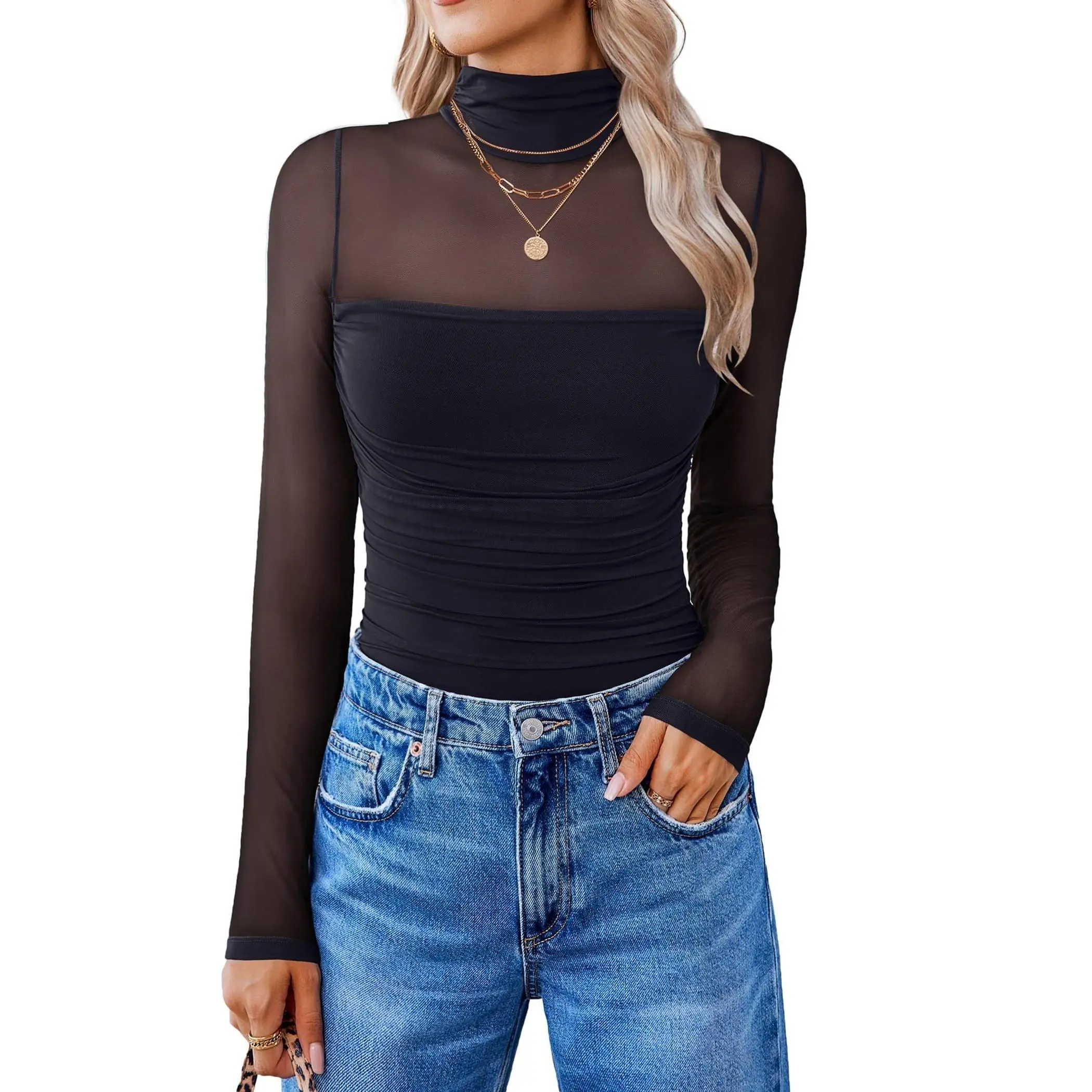 Women's High Neck Long Sleeve Mesh Contrast Slim Korean Bodysuit - Elastane Shapewear Leotard Top for Going Out, Casual Wear, Dry Clean Compatible