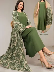 Conservative Casual All-Over Print Abaya Dress And Solid Color Extra Long Dress Women's Arabic Set Modest Dresses For Women , Women Green Dress