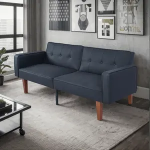 Modern Convertible Futon Sofa Bed, PU Leather Folding Loveseat Sleeper with Adjustable 3-Level Backrest, Tufted Buttons & Solid Wood Legs