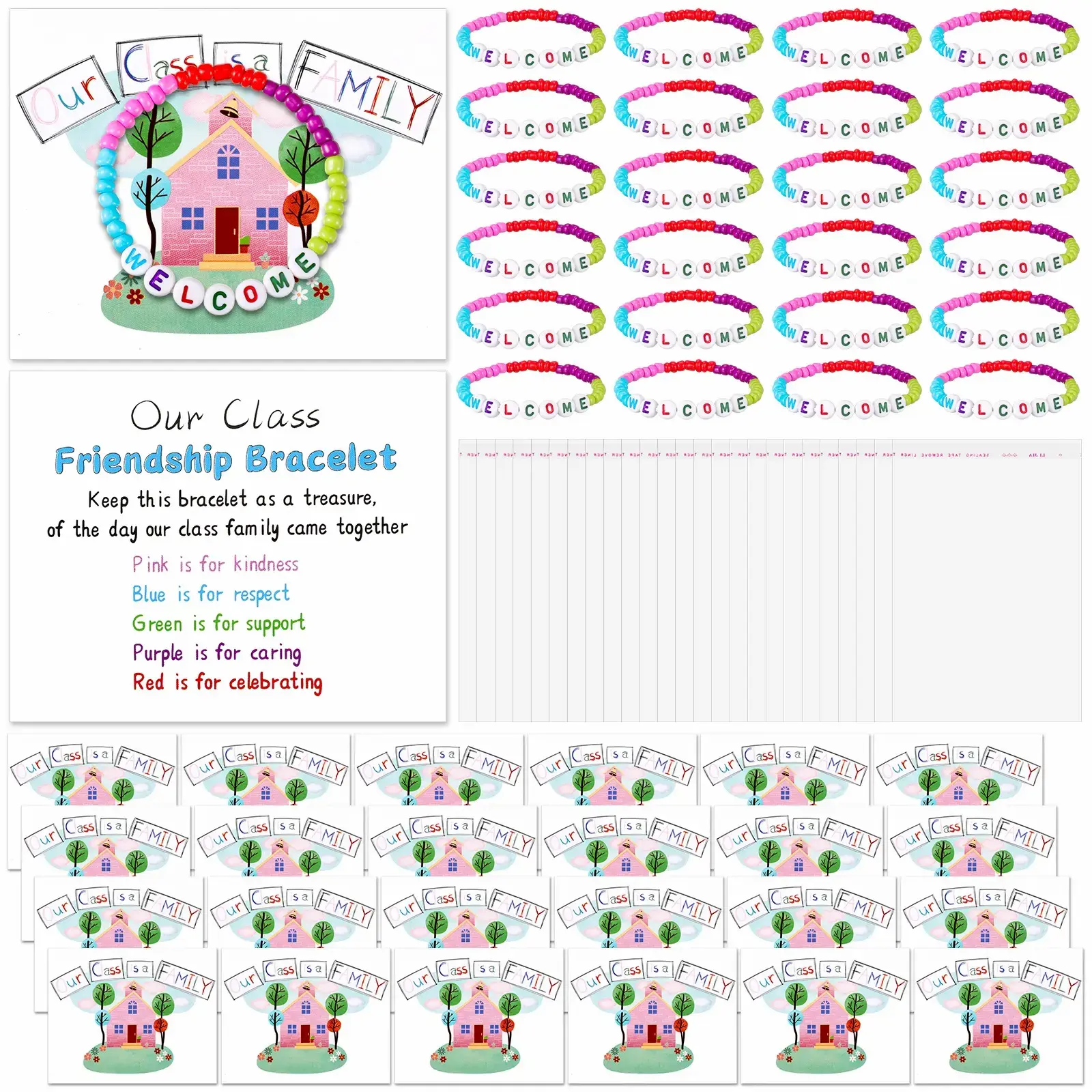 Back to School Friendship Bracelets Set Classroom Gifts for Student Include Our Class Is a Family Greeting Card and Welcome First Day of School Friendship Bracelet with Bags Gift for Kindergarten Elementary Classroom Reward Party Goodie Bag Stuffers