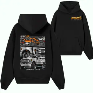 FSD Supply Co. "FSD 17" Performance Hoodie – Black Heavyweight Streetwear with Orange Engine & Suspension Collage, Premium Diesel Truck Build Graphic