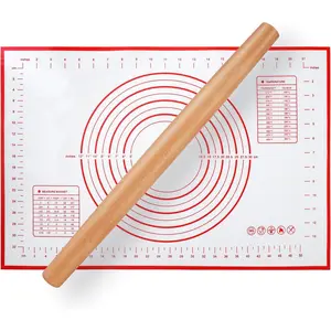 Wooden French rolling pin for baking, wooden dough roller with silicone baking mat, beech wood rolling pin for baking dough, pizza, pies, pastries, pasta and cookies, red pastry mat