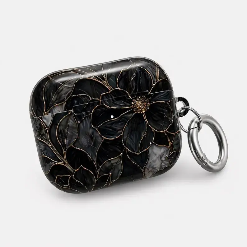 Black Mother of Pearl Floral Case Cover Compatible with AirPods Pro 2 1 3, AirPods 4 3 2 1 - Gothic Stained Glass Gold Filigree Flower Glossy Hard Case (2D Flat Printed)