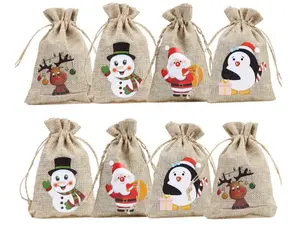CCINEE 36pc Christmas Linen Bags with Drawstrings Christmas Burlap Goody Gift Bags with Double Jute Drawstrings, 4 designs Snowman, Santa Claus, Penguin and Elk