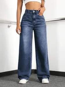 Women's High-Waisted Wide-Leg Loose Stretch Boyfriend Jeans Lightblue Minimalist Basic Bottoms for Daily Wear japanese  cuff  jeans kris  vervet winter fashion comfortable slim jean