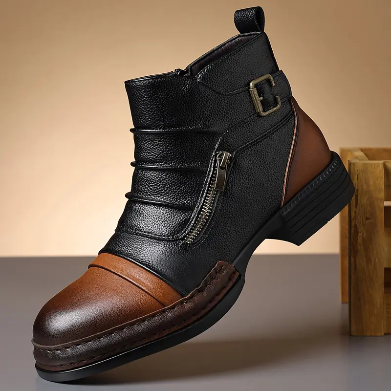 Men's Retro Colorblock Ankle Boots, Synthetic Upper Rubber Sole, Side Zipper-Buckle Design, British-Style Business Casual Walking Shoes, Brown, Versatile Easy-to-Match, Cuban, Statement Shoes, Breathable, Fashion, Slip Resistant, Footwear, Pu Leather, All