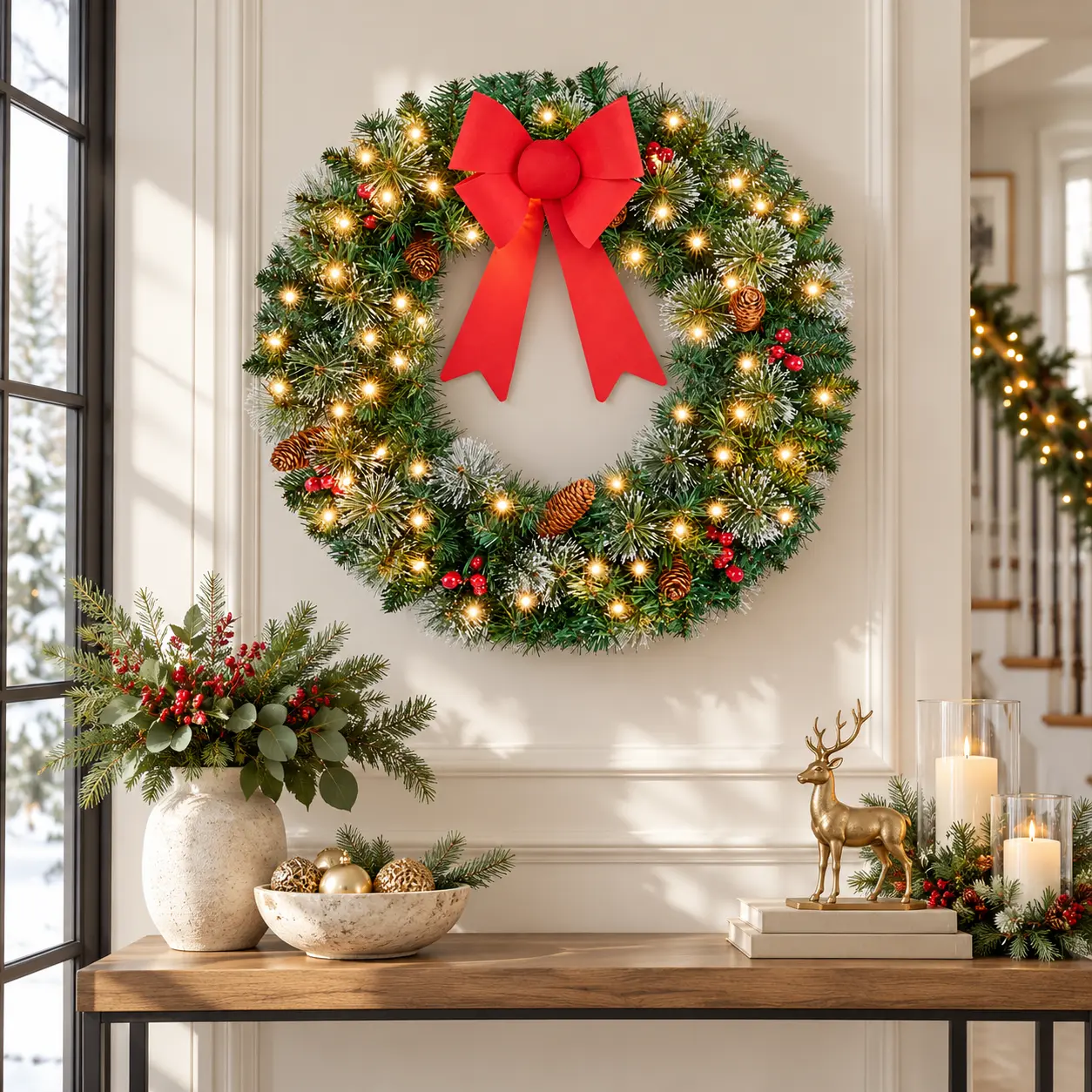 【Group Deal】Yaheetech 24in Pre-Lit Frosted Christmas Wreath with 50 Warm White LED Lights, Battery Operated, 8 Modes & Timer, Pinecones, Berries, Removable Red Bow & Hanging Hook for Front Door, Window & Mantel Decor