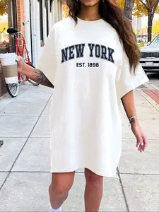 Vintage New York Letter Graphic Print T-Shirt Dress, Comfortable Versatile Casual Everyday Daily Wear, Sporty Leisure Multi-Scene Women's Dress