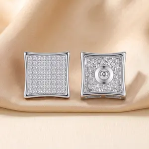 Iced Out Micro Pave Crystal Concave Square Hoops, Polished Silver Frame Full Rhinestone Luxury Statement Huggie Jewelry
