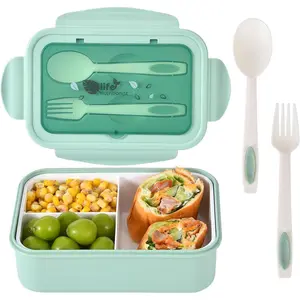 Bento Lunch container For , Bento adult box With 3 Compartment. Leak-proof, Microwave safe, Dishwasher Safe, Freezer Safe,Meal Fruit Snack Packing Box(Spoon&Fork included) (Green)
