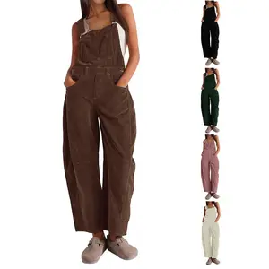Tanming Corduroy Overalls for Women Barrel Wide Leg Bib Corduroy Pants Women Adjustable Romper Jumpsuit with Pockets