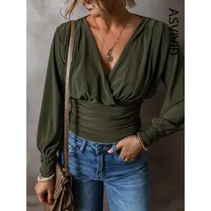 Women's Casual Solid Color Ruched Wrap V-Neck Long Sleeve Bodysuit