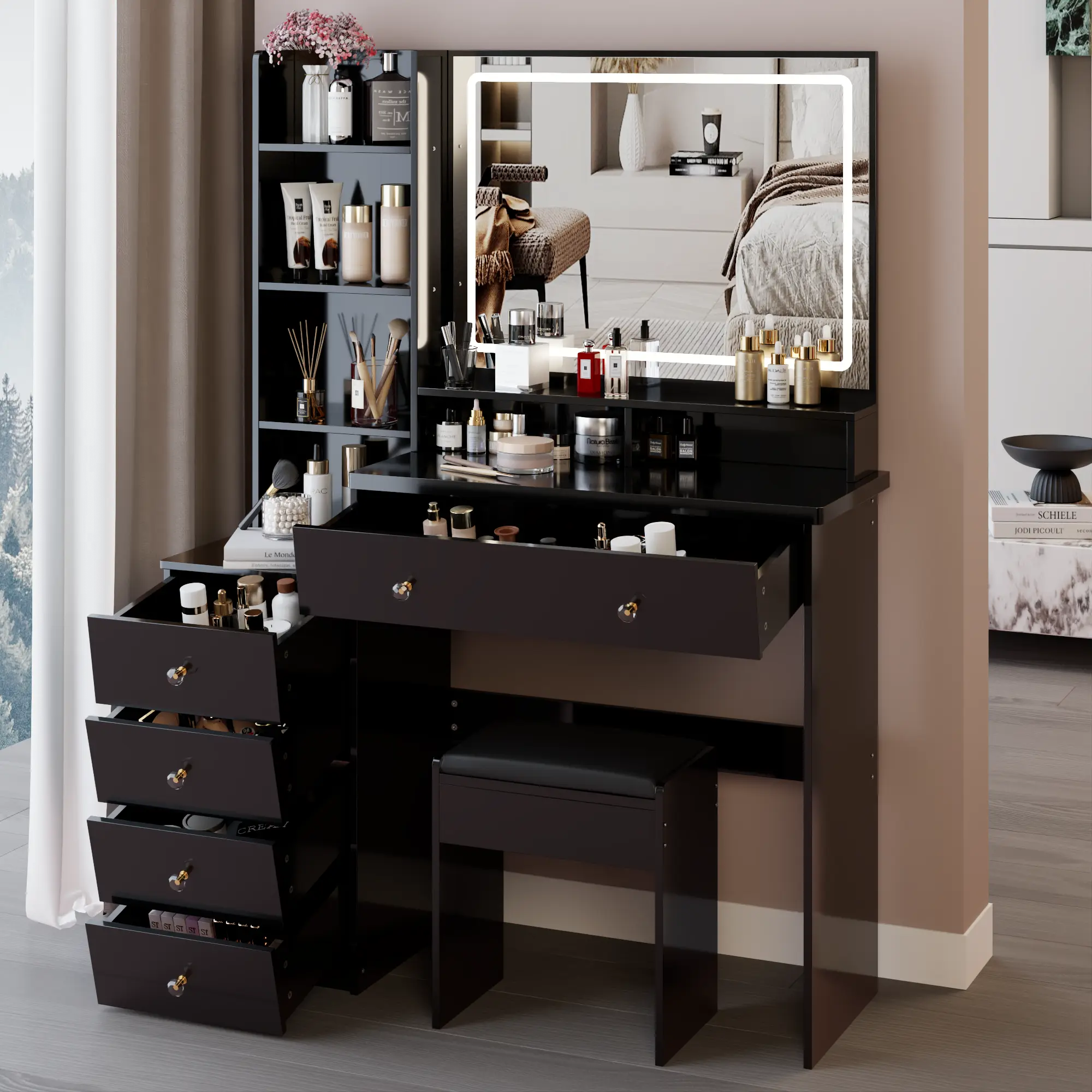 41" Large Makeup Vanity Desk with Lighted Mirror, 5 Drawers, Storage Shelf and Table, 41"x15.7"x54"