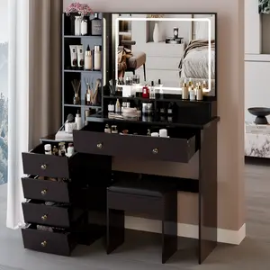 41" Large Vanity Desk with Mirror and Lights, Big Vanity Mirror with Lights Desk and 5 Drawers, Large Makeup Vanity with Storage Shelf, 41''x15.7''x54''