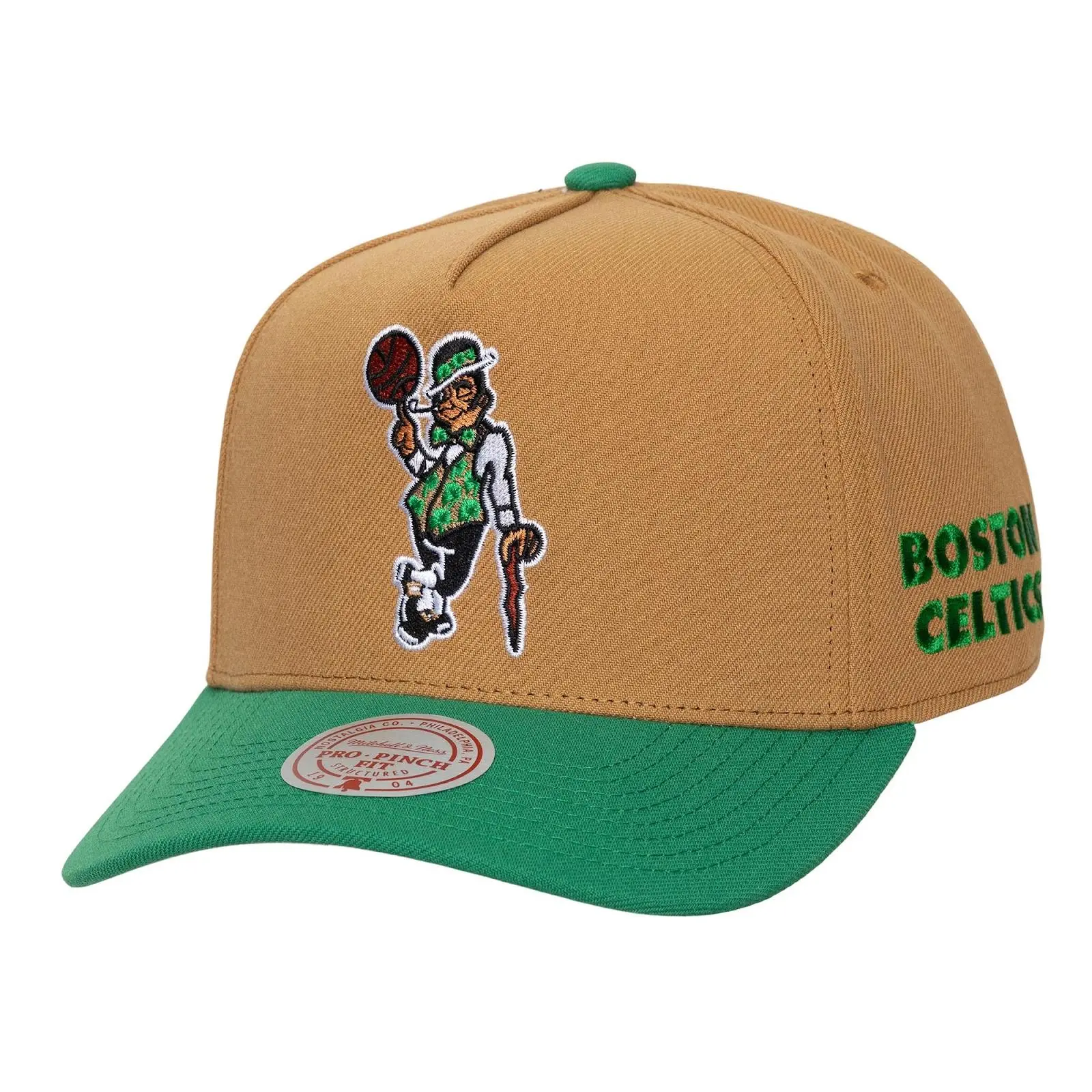 Boston Celtics Tan/Kelly Green Legendary Home Pro Pinch Snapback Hat NBA Throwback Cap Adjustable Fan Gear Mitchell & Ness