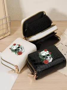 Fashionable Halloween Skull Print Women's Wallet, Portable Double Zipper Short Wallet, Large Capacity Multifunctional Card Holder, Casual Card Holder, Credit Card Holder