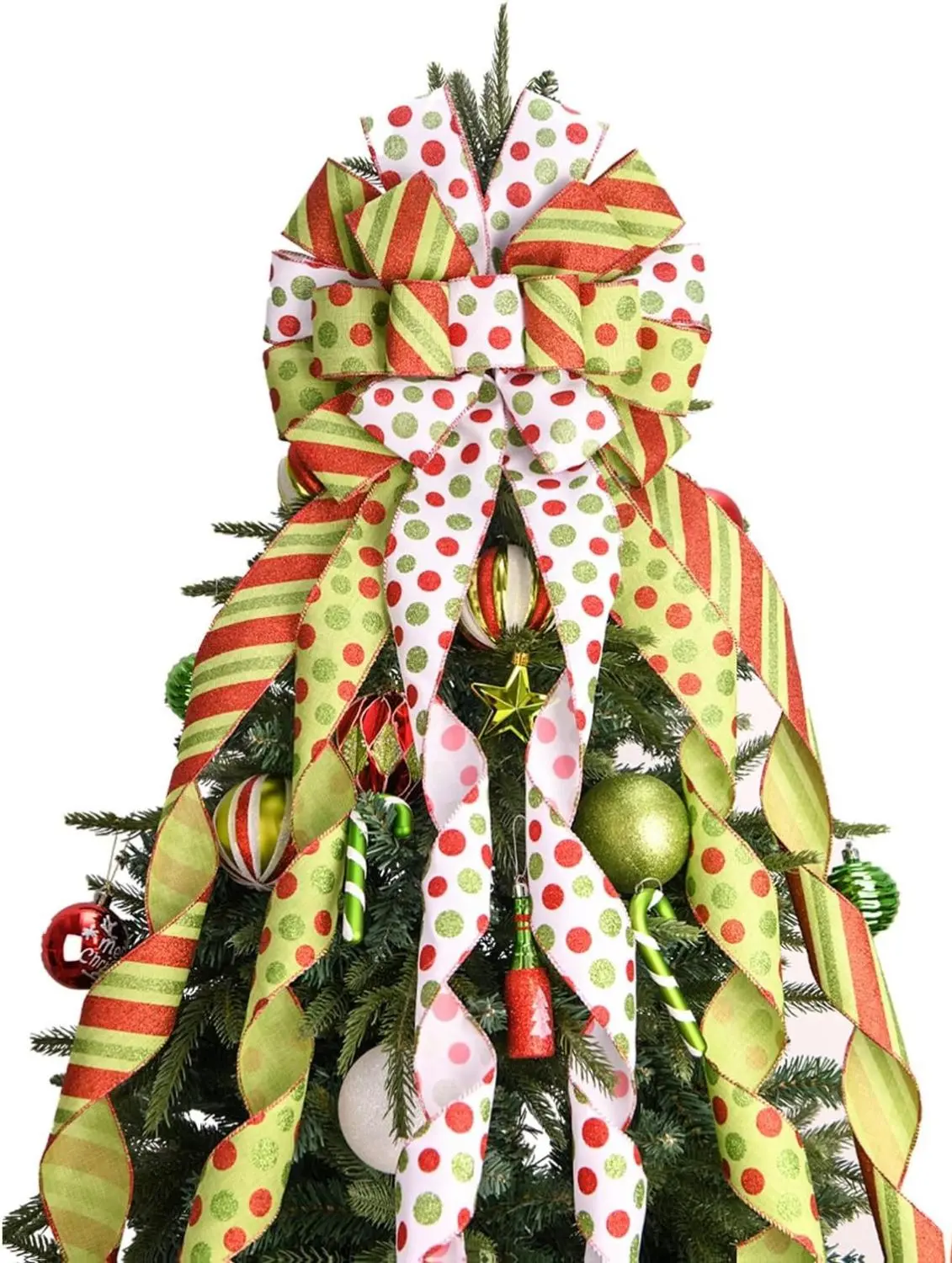 Christmas Tree Topper Wreath Bow Large Green Christmas Bow Tree Topper，45"x13" Red Green Dot Polyester Gift Ribbon for Xmas Ornament Holiday Home Wedding Thanksgiving Indoor/Outdoor Decoration