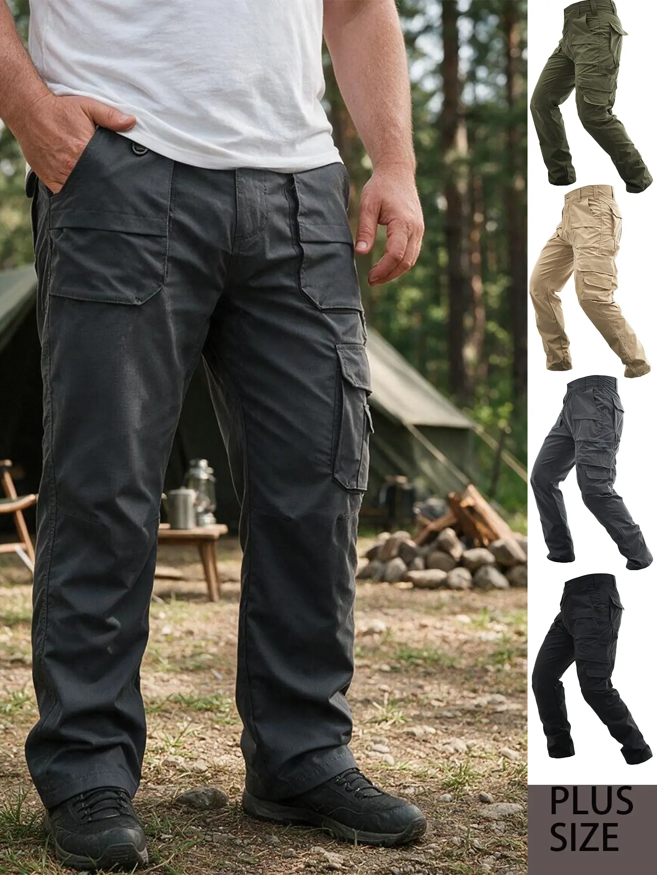 Men's Plus Size Multi-Pocket Plain Tactical Cargo Pants - Straight, Wear-Resistant, All-Seasons Outdoor Trousers for Hiking, Construction Work, 2XL/3XL/4XL, 4 Classic Neutral Colors